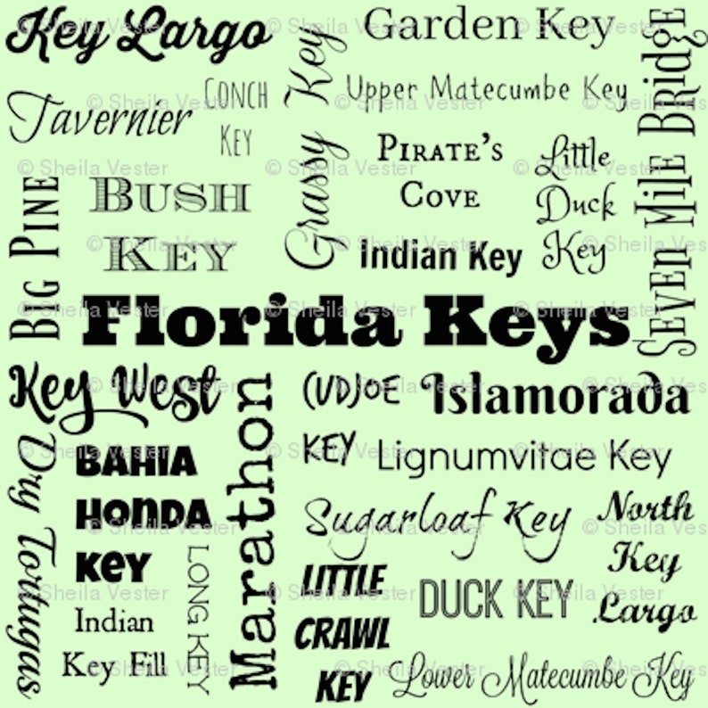 lime coral teal fq peach FLORIDA KEYS Cities fabric yardage yellow FL Keys typography fabric by the yard or fat quarter aqua gray
