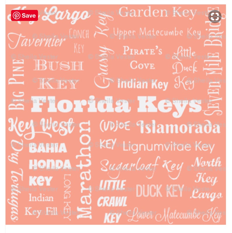 lime coral teal fq peach FLORIDA KEYS Cities fabric yardage yellow FL Keys typography fabric by the yard or fat quarter aqua gray