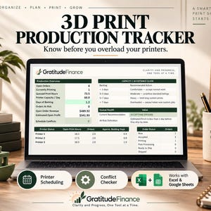 May include: A laptop screen displays a 3D Print Production Tracker spreadsheet by GratitudeFinance. The interface includes sections for Production Overview, Capacity Acceptance Guide, Queue Health, and printer status tables for tracking orders.