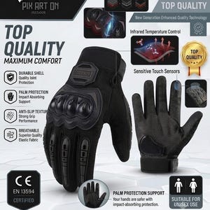 May include: Black tactical gloves featuring hard-shell knuckle protection, palm padding, and touch-screen compatible fingertips. The design includes adjustable wrist straps, breathable fabric, and anti-slip textures, certified for impact resistance.