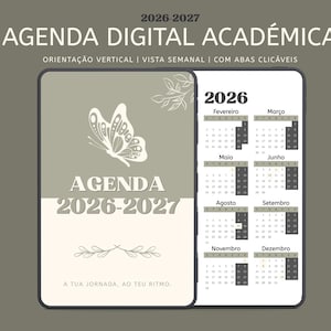 Puede incluir: Una agenda académica digital para 2026-2027 con orientación vertical y vista semanal. La portada presenta una ilustración de mariposa, el texto AGENDA 2026-2027 y la frase A TUA JORNADA, AO TEU RITMO. El interior muestra un calendario de 2026.