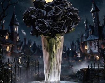 May include: A bouquet of dark black roses arranged in a tall, clear, vertically ribbed glass vase. The flowers feature layered petals and green stems visible through the transparent glass. The vase has a flared rim and a sturdy, circular base.