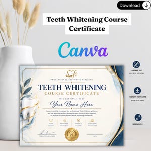 Pode incluir: Um modelo retangular de certificado de curso de clareamento dental com detalhes em azul marinho e dourado. O texto diz Teeth Whitening Course Certificate, Professional Aesthetic Training, e inclui ícones de anatomia e cuidados.