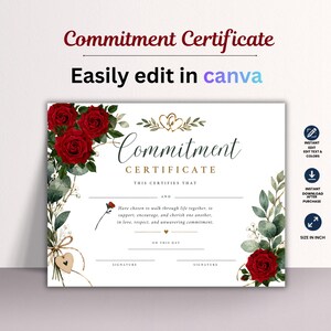 Sjabloon voor een verbinteniscertificaat, romantisch aandenken voor stellen, bewerkbare relatieprijs, certificaat met rode rozen, printbaar liefdescadeau