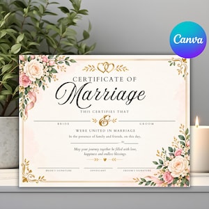 Editable Certificate of Marriage Template, Wedding Certificate, Custom Marriage Keepsake,   Instant Digital Download