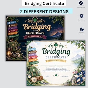Könnte beinhalten: Zwei Girl Scouts Bridging-Zertifikate mit Berglandschaft, Rucksack, Kompass und Wegweiser mit den Stufen Daisy, Brownie, Junior, Cadette, Senior und Ambassador. Der Text lautet Bridging Certificate und This Certifies That.