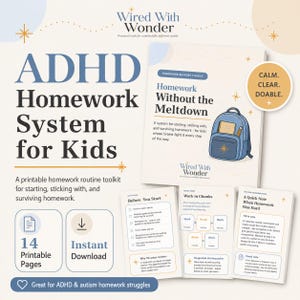 Pode incluir: Um sistema de tarefas de casa para crianças com TDAH, imprimível, com 14 páginas. A capa exibe o texto Homework Without the Meltdown com uma ilustração de mochila azul. As páginas incluem rotinas, blocos de trabalho e notas para professores.