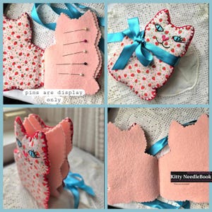 Strawberry Kitty Needle Book, Cat needlebook Pins storage felt fabric pages, cute mice print, Slow stitching, Gift for sewers, handmade