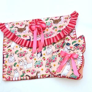 Handmade Pink Cat Floral Ruffled Envelope Clutch Needlebook Cover - Kawaii Sewing Pouch, Cute Kitty Print Gift for Sewists