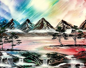 Oryginalny akrylowy obraz pejzażowy „Tęczowe Wodospady”, żywa, naturalna sztuka na płótnie (24" x 18")