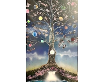 Drzewo Świata – oryginalne dzieło sztuki namalowane farbą akrylową w sprayu na płótnie (48" x 24")