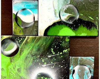 Verdant Void: 4-częściowa sztuka wielopanelowa, akrylowa, wylewana i natryskiwana, mała sztuka ścienna na płótnie