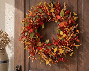 Ghirlanda autunnale di foglie d'acero, decorazione per porta d'ingresso con bacche arancioni, ghirlanda artificiale autunnale, decorazione murale per il Giorno del Ringraziamento, 35–45 cm