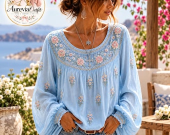 Boho Floral Printed Blouse with Embroidery Effect | Lightweight Peasant Top, Long Sleeves (100% Polyester)