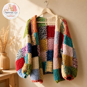 May include: A chunky knit cardigan featuring a patchwork design of multicolored squares in shades of red, blue, yellow, green, pink, and cream. The garment has long sleeves, an open front, and a thick, textured yarn construction hanging on a hanger.