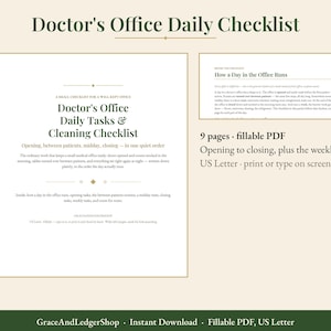 May include: A 9-page fillable PDF document titled Doctor's Office Daily Tasks & Cleaning Checklist. The document includes sections for opening, between patients, midday, and closing routines, formatted for US Letter size printing or digital use.