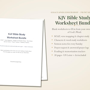 May include: A KJV Bible Study Worksheet Bundle printable PDF featuring blank worksheets for SOAP, verse mapping, character and word studies, sermon notes, prayer logs, and reading trackers. Includes 20 pages in US Letter and A4 sizes.