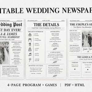 Wedding Newspaper Template: 4-Page Program & Games Kit, Editable HTML and Print-Ready PDF