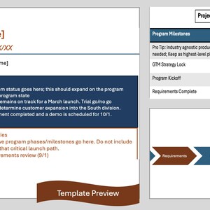 May include: A project management template document featuring a header with Program Name and Status, a dark blue section for Key Updates, and an orange section for Ongoing Activities. A sidebar shows Project Health, Milestones, and a process flow diagram.