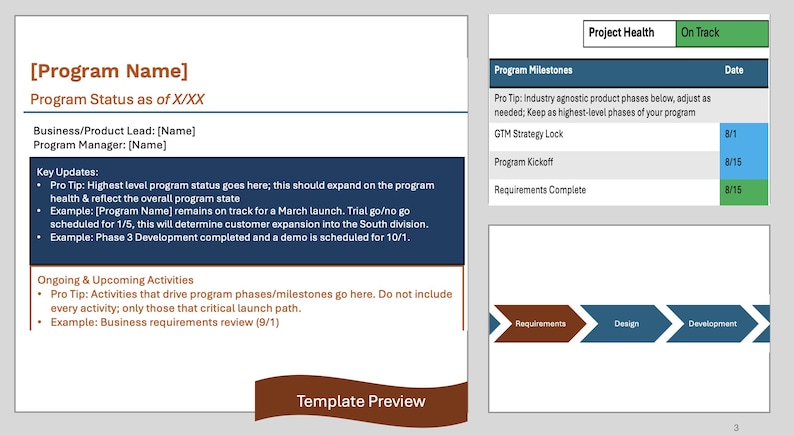 May include: A project management template document featuring a header with Program Name and Status, a dark blue section for Key Updates, and an orange section for Ongoing Activities. A sidebar shows Project Health, Milestones, and a process flow diagram.