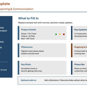 May include: A document template titled How to Use This Template for Executive Reporting and Communication. It features an Executive Status Lens section, a What to Fill In guide with categories for Project Health, Milestones, Key Risks, Key Updates, Ongoing and Upcoming, and a Phase Bar.