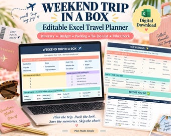 Weekend Trip Planner Excel Template | Itinerary, Budget, Packing List (Digital Download)