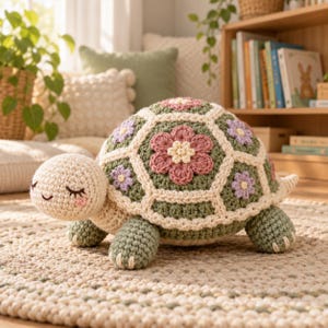 Puede incluir: Un juguete de peluche de tortuga tejido a ganchillo con cabeza color crema, ojos cerrados bordados y mejillas rosadas. El caparazón está formado por paneles hexagonales verde salvia decorados con motivos florales rosas y lavanda con bordes crema.