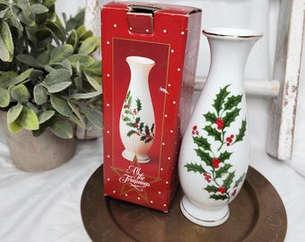Vintage 1986 Macy's Christmas Holly Porcelain Bud Vase with Box - Made in Japan