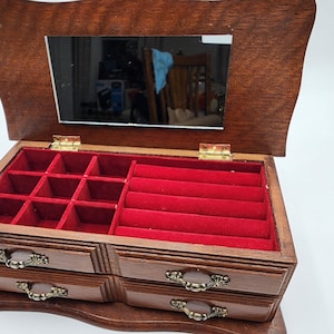Vintage Wooden Jewelry Box Chest, 1980s Red Velvet Lined Makeup Case with Mirror, Multi Drawer Footed Trinket Organizer, Mid Century Decor