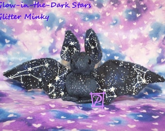 Galaxy Bat Plush - Custom - Ready Made - Heart, Glow, Metallic, Stars, Wing Options - Cute Gift - Navy Pink Teal Purple - Desk Knick-Knack