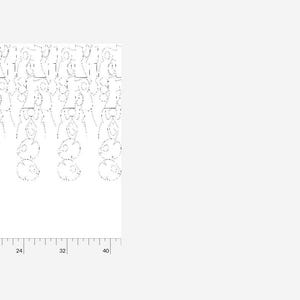 May include: A black and white design pattern with a repeating motif. The design is shown on a white background with a ruler on the bottom and side of the image. The design is 7.60 inches wide and 36.00 inches high. The design can be repeated in a basic, half-brick, half-drop, mirror, or center pattern.