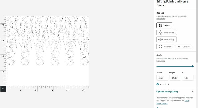 May include: A black and white design pattern with a repeating motif. The design is shown on a white background with a ruler on the bottom and side of the image. The design is 7.60 inches wide and 36.00 inches high. The design can be repeated in a basic, half-brick, half-drop, mirror, or center pattern.