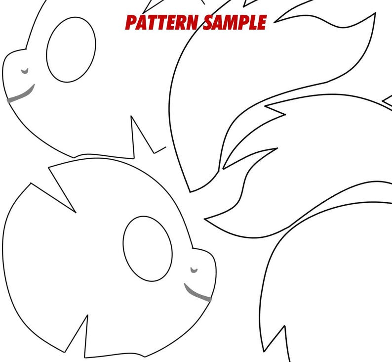 May include: A printable pattern for a cartoon animal mask. The pattern includes two animal heads with large eyes and a tail.