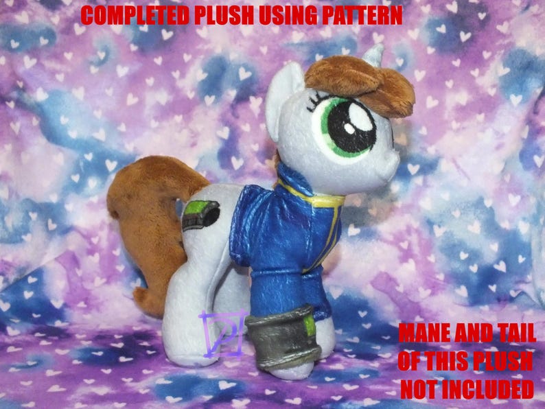 May include: A gray and blue plush pony with brown hair. The pony is wearing a blue jacket with a silver and black armband. The pony is standing on a purple and white background with white hearts.