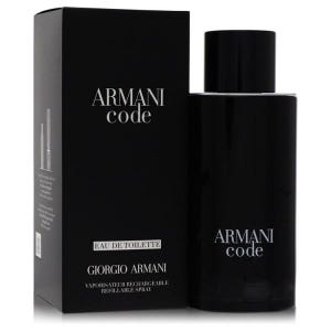 Puede incluir: Una caja de perfume rectangular negra y un frasco de perfume cilíndrico negro a juego. La caja presenta el texto en blanco Armani code, Eau de Toilette, Giorgio Armani y Vaporisateur Rechargeable Refillable Spray. El frasco muestra Armani code.