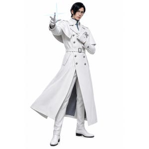 May include: A person wearing a long white double-breasted trench coat with a capelet, a high-collared shirt, matching white trousers, white gloves, and white boots. The coat features silver buttons, a belt with a buckle, and a dark cross emblem.