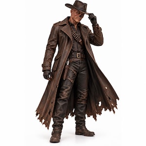 Puede incluir: Una figura de acción coleccionable muy detallada de un vaquero desgastado con rostro de calavera, que viste un abrigo largo marrón envejecido, camisa oscura, pantalones y un sombrero de ala ancha. La figura incluye una cartuchera y una funda de pistola.