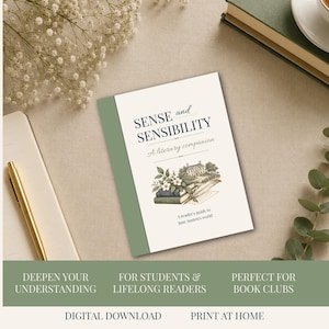 May include: A book titled Sense and Sensibility: A literary companion, featuring a cream cover with a green side border and an illustration of a house, flowers, and a quill pen. The text reads A reader's guide to Jane Austen's world.