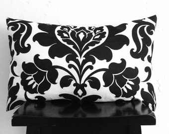 Black White Pillow Cover, 16x26 Modern Damask Linen Decorative Pillow, linen lumbar pillow cover