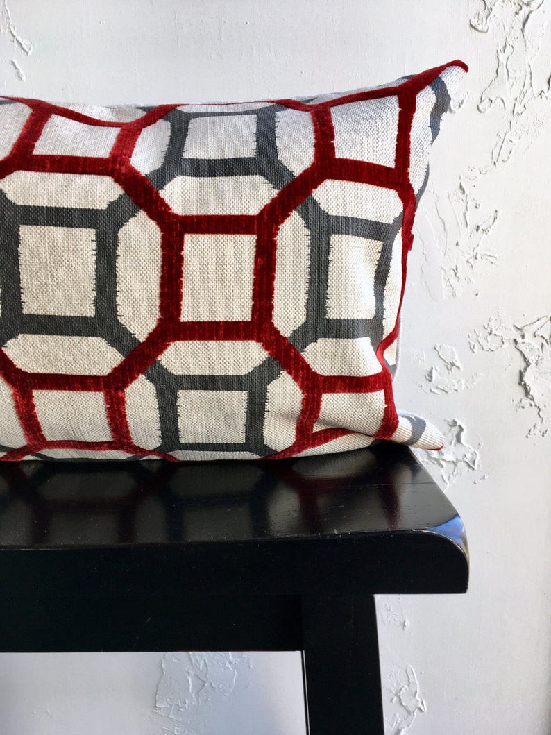 SET Geometric Pillow Covers Red Gray Retro Pillows 12x20 Etsy