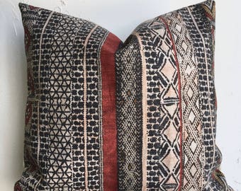 Pillow Cover Mudcloth Inspired, 18x18 Decorative Pillow, Red Black African Mudcloth inspired Canvas Throw Pillow Cover