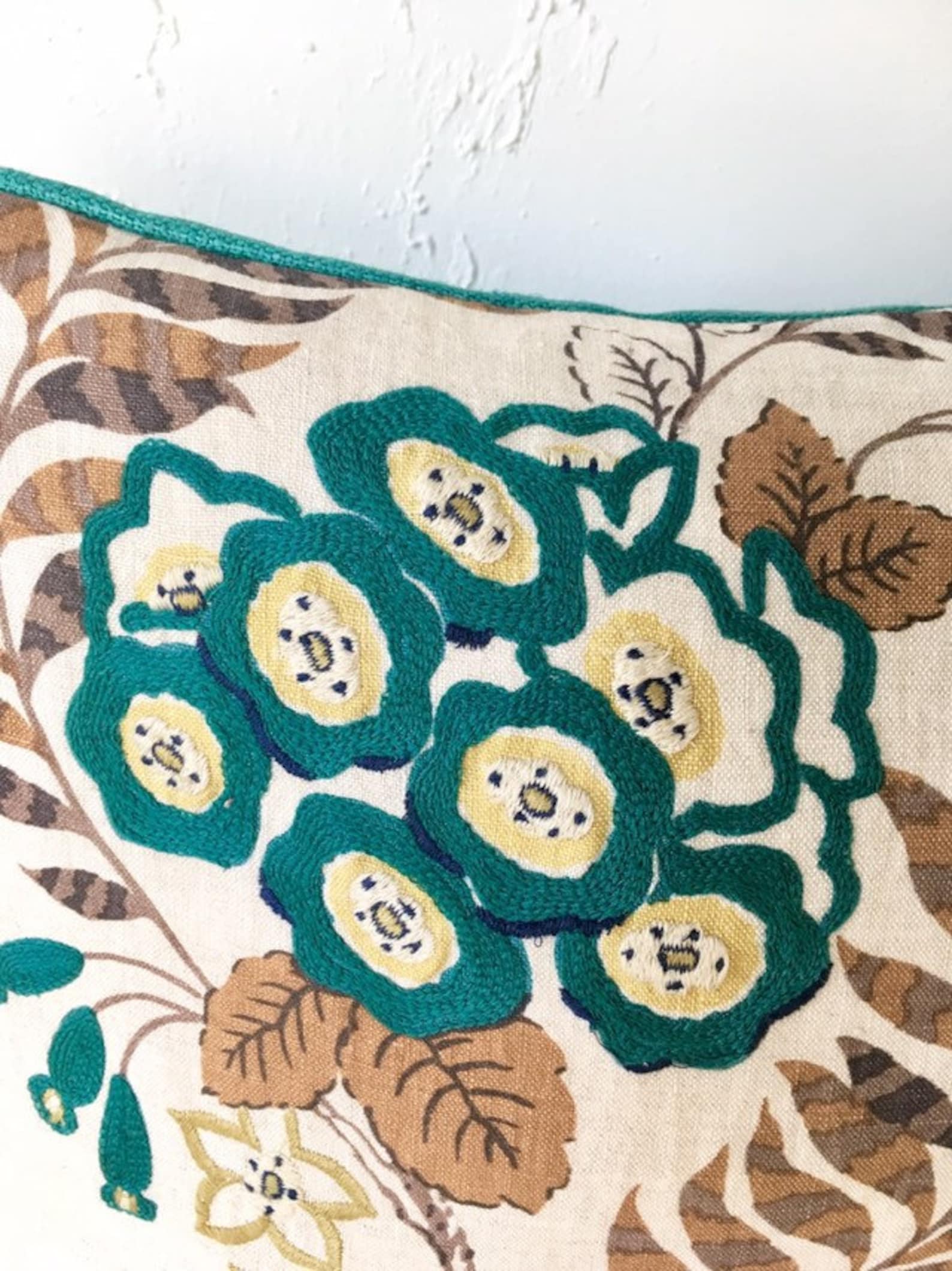 Botanical Embroidered Pillow Cover Teal Floral Throw Pillow Etsy