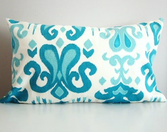 Turquoise Ikat Pillow Cover- 12x24 Turquoise Decorative Pillow Lumbar