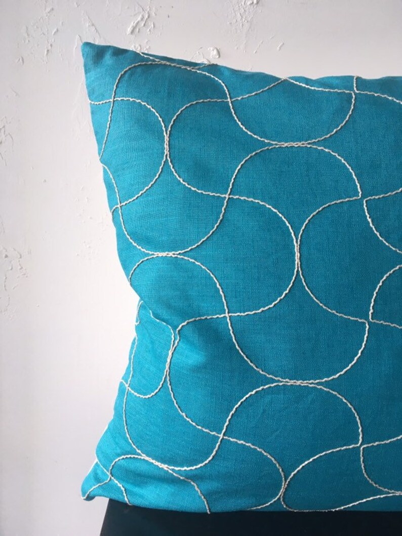 Teal Decorative Pillow Cover, 22x22 Blue Jonathan Adler Linen Fabric