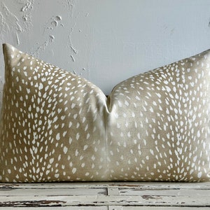 Animal Print Fawn Pillow Cover, Creamy Taupe Antelope Lumbar Pillow Cover 14x26 Cotton and Canvas
