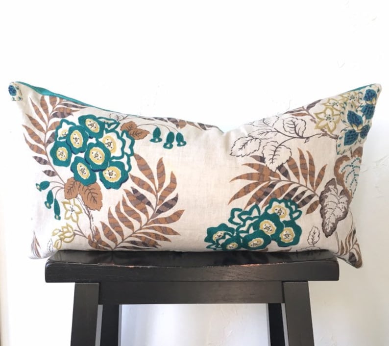 Botanical Embroidered Pillow Cover Teal Floral Throw Pillow Etsy