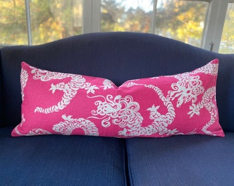 14x36 Pink Dragons Lumbar Pillow Cover, Knife Edge Decorative Throw Pillow Covers, Pink Home Decor, Lilly Pulitzer Lee Jofa Fabric