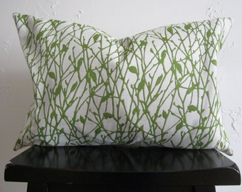 Green Leaf Lumbar Pillow Cover- 16x24 Decorative Pillow, Designer White and Green Branches, Reversible Zippered Pillow