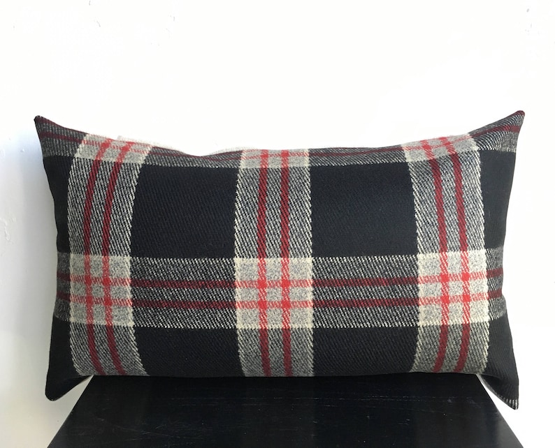 Winter Plaid Pillow Cover 14x26 Lumbar Pillow Red Black Wool Etsy
