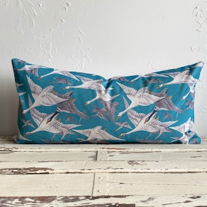 Mulberry Wild Geese Velvet Teal Lumbar Pillow Cover, 12x24 Flock Lake House Pillow Cover, Velvet Long Bed Pillow Covers, Flying Birds